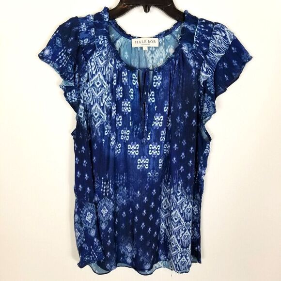 Hale Bob Women Faith Top Blouse Size L Blue Printed Flutter Sleeve Boho - Picture 1 of 4